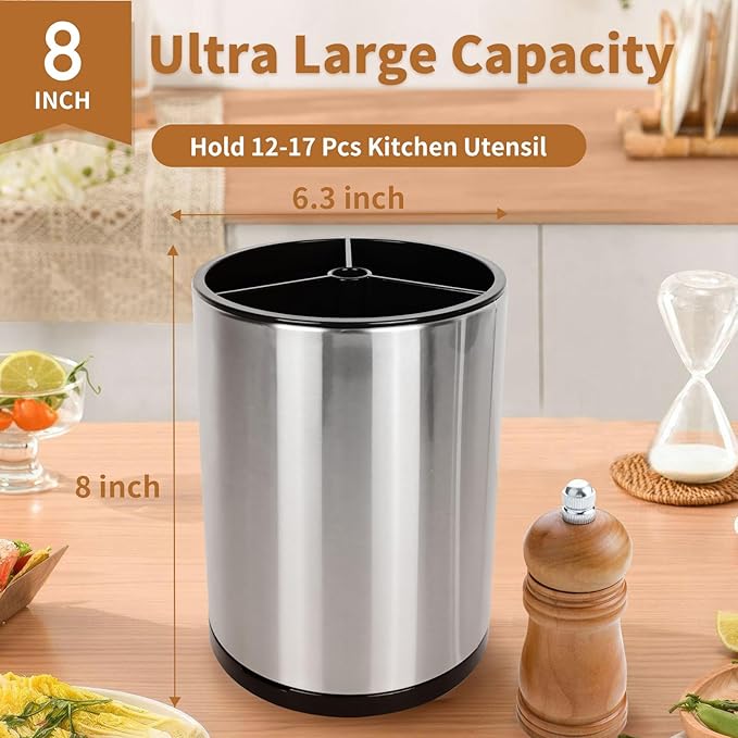 Nigelia Extra Large Kitchen Utensil Holder, 360° Rotating Stainless Steel Cooking Utensil Holder for Countertop, 3 Compartment Flatware Organizer & Cooking Caddy with Removable Base（Silvery）