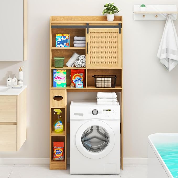 Vabches Over The Toilet Storage Cabinet, Farmhouse Rattan Storage Cabinet Over Toilet with Sliding Doors & Toilet Paper Holder Stand, Home Space-Saving Toilet Rack, for Bathroom, Laundry(Rattan Oak).
