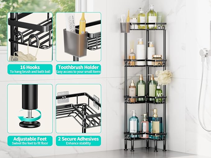 HapiRm Standing Shower Caddy Corner - 4 Tier Corner Shower Organizer with Toothbrush Holder and 16 Hooks, Large Capacity Rustproof Bathroom Shelves for Tall Bottles, Black