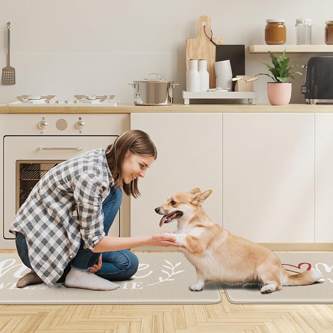 HappyTrends Kitchen Mat for Floor, 2PCS Cushioned Anti-Fatigue Kitchen Rugs, Waterproof Non-Slip Standing Mats and Rugs Set for Kitchen, Office, Laundry, Khaki, 17.3"×30"+17.3"×47"