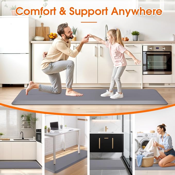 4/5 Inch Thicker Kitchen Mat, Cushioned Thick Floor Comfort Mat, with Non-Slip Bottom, Water & Stain Resistant, Easy Clean Standing Desk Mat for Kitchen, Sink, Office (17.3"x60"x0.8", Grey)