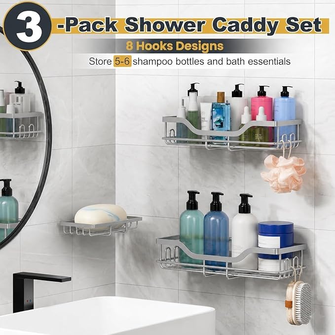 OMAIRA 3-Pack Shower Caddy with Soap Holder, Adhesive Rustproof No-drill Strudy Loading Inside Shower Organizer Shelves Rack Storage Bathroom Organization for Smooth Wall Glass Tile, Grey (Large)
