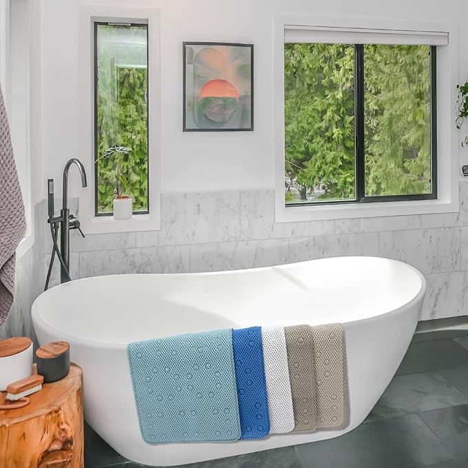 Bathtub Mat Non Slip Ivory 36” X 17” Shower Mat Soft Foam Bath Mats for Bathroom Tub, Bathtub Mat with Drain Holes, Suction Cups, Shower Mat Non Slip