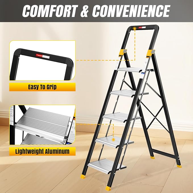 KINGRACK 5 Step Ladder, Aluminium Folding Step Stool with Anti-Slip Wide Pedals & Comfortable Handrail, 330lbs Load Capacity, Space Saving Design for Home & Kitchen, Sturdy and Portable, Silver