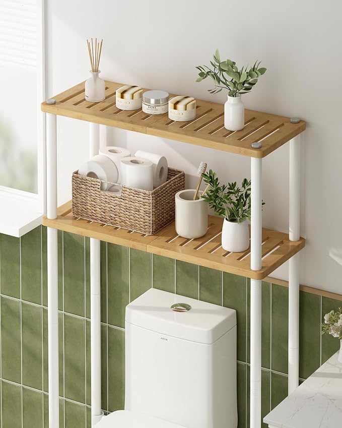 LiSHELF Bamboo Over The Toilet Storage Shelf 2-Tier Bathroom Organizer Rack Freestanding Above Toilet Shelves Space Saver for Small Bathroom, Laundry, White
