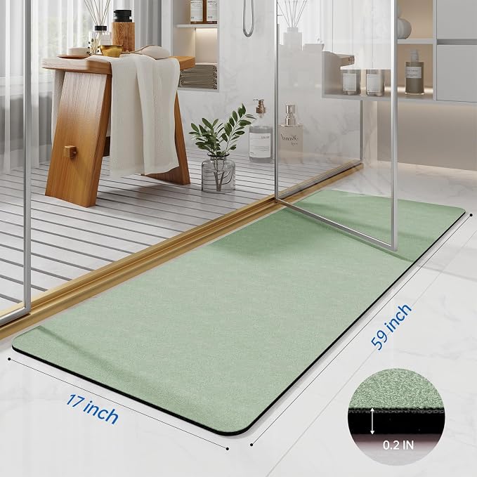 Sage Green Long Bathroom Mat Rugs 59x17 Diatomaceous Earth Bath Mat Large Quick Dry Bath Mat Non Slip Rubber Backed Super Absorbent Shower Mat, Thin Bathroom Runner Rugs Floor Mat Fit Under Door
