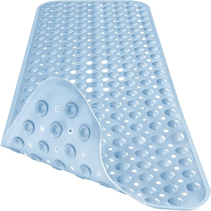 Extra Long Bathtub Mat Non Slip, Light Blue Soft Bath Mat for Tub 40 x 16 Inch Full Size, Bath Tub Shower Mats for Bathroom Floor, Big Suction Cups and Drain Holes, Easy Washable, BPA Free