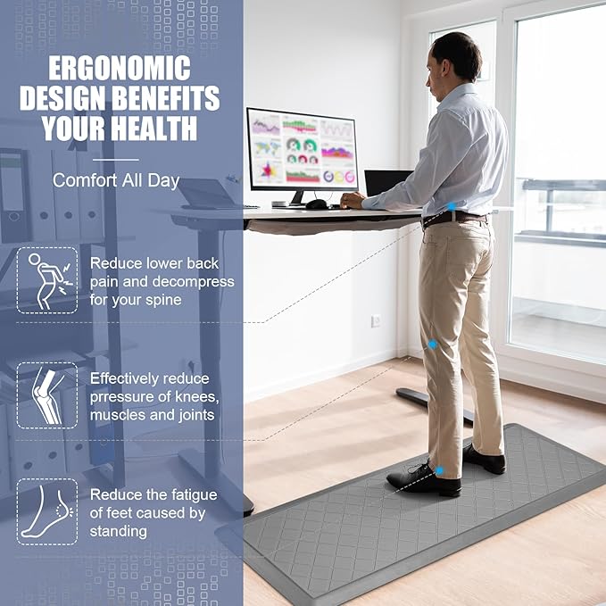 Cushioned Kitchen Mat 2 PCS, Anti Fatigue Kitchen Rugs, Heavy Duty Non-Skid, Ergonomic Comfort Foam Kitchen Floor Mat for Home, Office, Sink, Laundry - Grey