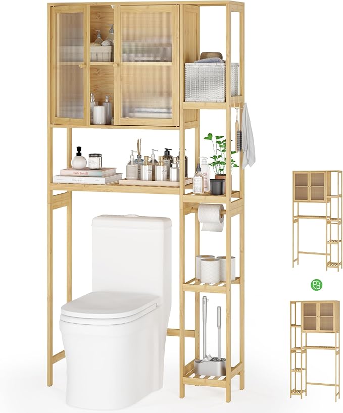 Over the Toilet Storage Cabinet Above Toilet Bathroom Organizer with Toilet Paper Holder Stand Bath Organizer with Adjustable Shelves & Acrylic Doors,Anti-Tip Device (Nature)