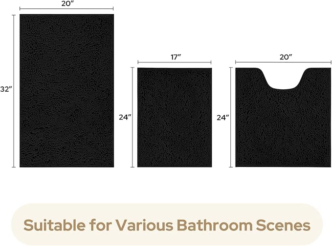 HOMEIDEAS 3 Pieces Bathroom Rugs, Ultra Soft Non Slip Absorbent Chenille Toilet Bath Mat Set (Black)