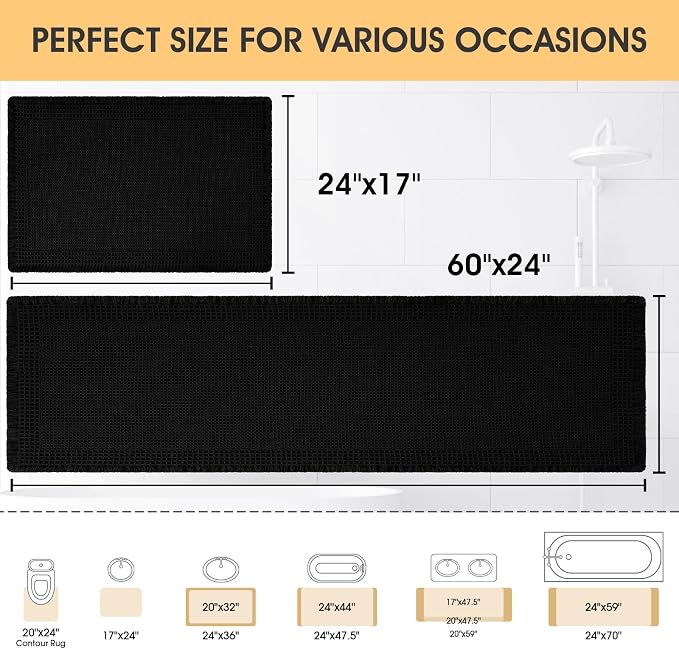 Upgrade Waffle Bath Mat Set 2 Piece, Boho Bathroom Rugs Absorbent Non Slip, Ultra Soft Bathroom Mat, Machine Washable Knit Bath Rugs with Border for Bathroom, Bedroom, Kitchen, Shower, Tub, Black