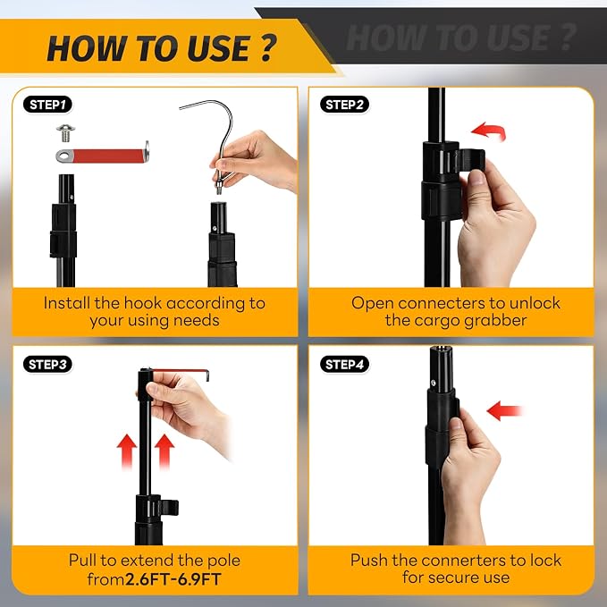6.9 Ft Magnetically Mounted Truck Cargo Grabber Reach Retriever Tool with Two Hooks, Upgraded Extendable Telescoping Pickup Truck Bed Retriever Tool Magnetic Heavy Duty Truck Bed Accessories