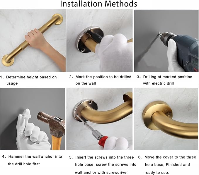 Shower Grab Bar, 2 Pack 16 Inch Gold Bathroom Grab Bar, 1.25" Diameter 304 Stainless Steel Anti-Slip Grab Bars for Bathtubs and Showers, Handicap Shower Grab Bar for Seniors Elderly