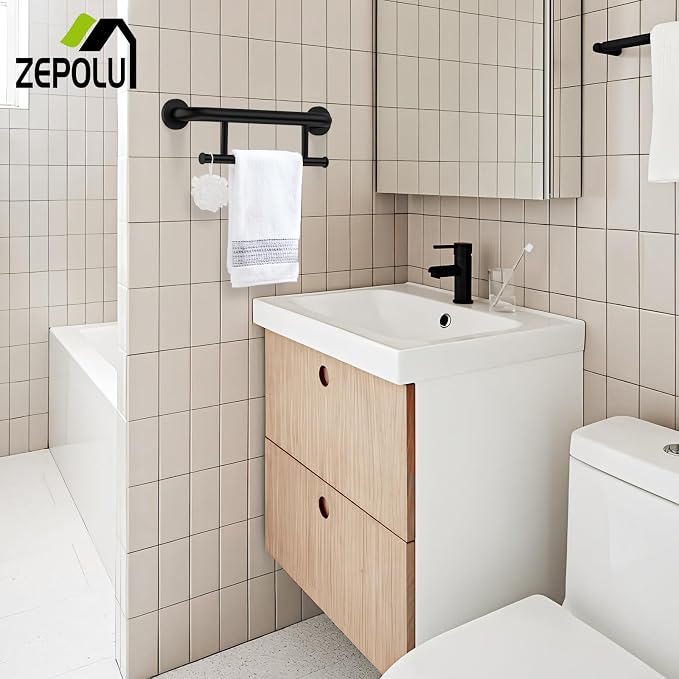 Black Towel Grab Bar 17 Inch, Zepolu Handicap Towel Bar for Bathroom, Stainless Steel Safety Assist Bar Balanced Support Handle, Wall Mounted Towel Rack Grab Bars for Senior Elderly Disabled