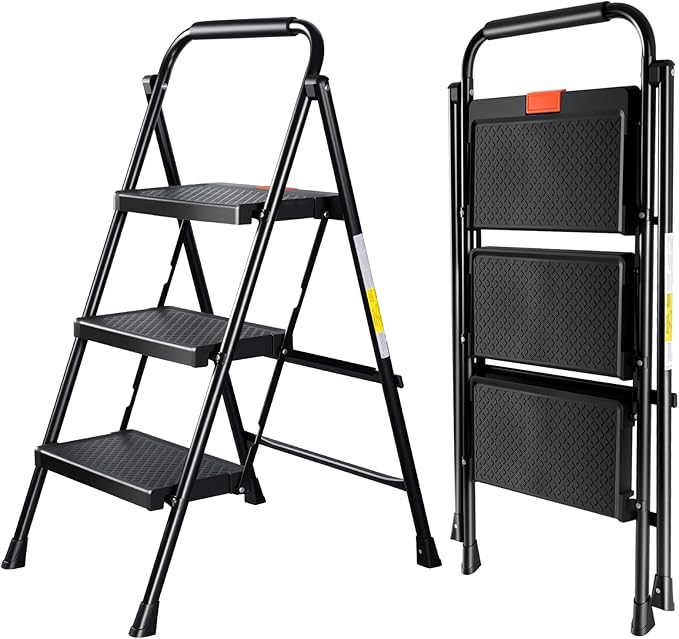 Valeo 3 Step Ladder, 3 Step Ladder for Adults with with Safe-Lock Design, Wide Anti-Slip Pedal, 500lbs Sturdy Steel Ladder, Step Stool Foldable with Cushioned Handle,Black