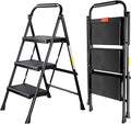 Valeo 3 Step Ladder, 3 Step Ladder for Adults with with Safe-Lock Design, Wide Anti-Slip Pedal, 500lbs Sturdy Steel Ladder, Step Stool Foldable with Cushioned Handle,Black