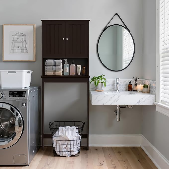 Over The Toilet Storage Cabinet, Behind Toilet Bathroom Organizer with Adjustable Shelves, Above Toilet Organizers with Barn Door, Space Saver for Restroom, Bathroom, Laundry