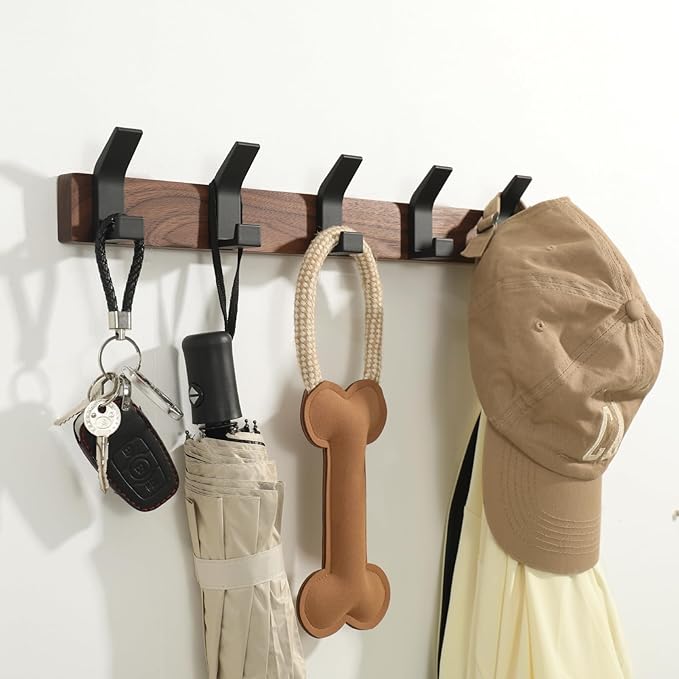 Coat Rack Wall Mount - 16.9 Inches Coat Rack Wall Mount with 5 Hooks Walnut Wood Coat Hooks Wall Mounted Rustproof Coat Hanger Black Aluminum Wall Hooks for Hanging Coat Hat Backpack Key