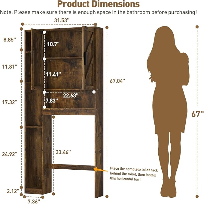 Over The Toilet Storage Cabinet with 7 Storage Shelves, Above Toilet Bathroom Organizer with Toilet Paper Holder Stand, Behind Toilet Cabinet, Space Saver for Restroom, Bathroom, Laundry, Brown