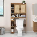 Vabches Farmhouse Rattan Storage Cabinet Over Toilet - 2 Door with Toilet Paper Holder - Space-Saving for Bathroom, Oak