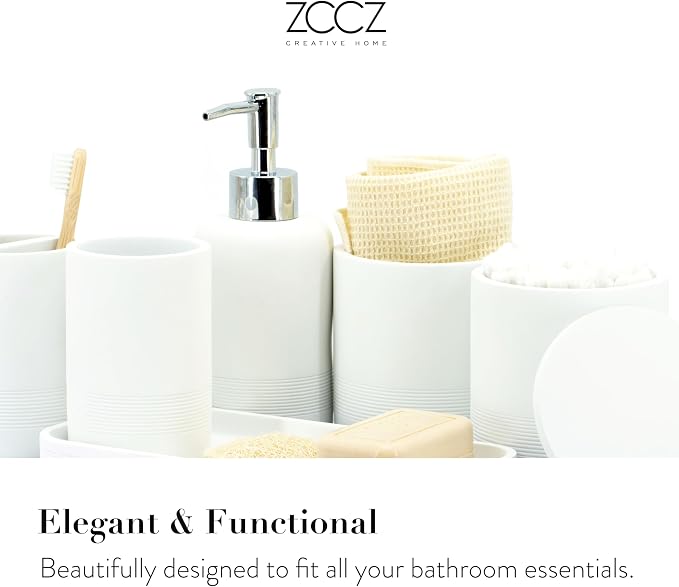 ZCCZ White Bathroom Accessories Set 6 Pieces - Toothbrush Holder, Lotion Dispenser, Qtip Container, Vanity Tray, Tumbler - Countertop Organizer for Bathrooms - Elegant and Functional Décor Set