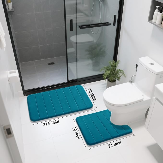 Yimobra Memory Foam Bath Mat Set 2 Piece - Super Soft Absorbent Quick Dry Bathroom Toilet Rugs, Machine Washable Non Slip Floor Carpet for Tub Shower & Single Sink (31.5x20 & 24x20, Peacock Blue)