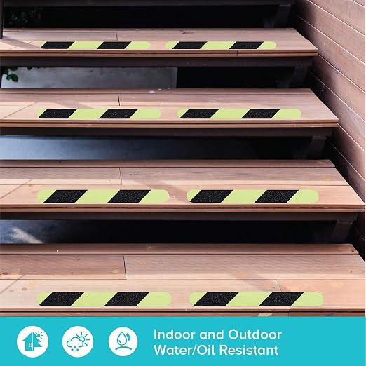 LifeGrip Anti Slip Traction Treads with Glow in Dark Stripe (12-Pack), 2" X 12", Best Grip Tape 80 Grit Non Slip, Pre-Cut Strips, Rounded Corners, Luminous Green - Right Size and Easy Application