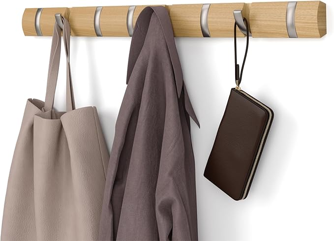 Umbra Flip Wall-Mounted Coat Rack with 8 Hooks – Modern, Space-Saving Storage for Hats, Jackets, Bags, Entryway, Mudroom, Closet, Bathroom, Bedroom – Natural/Nickel