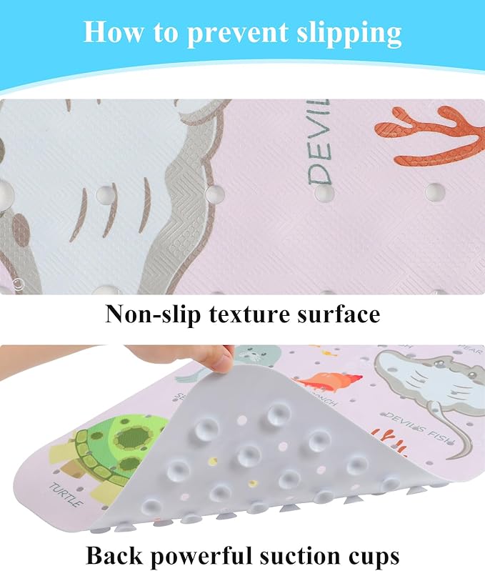 Secopad Bath Mat for Tub Non Slip, Machine Washable Anti-Slip Cartoon Baby Bathtub Shower Mat with Drain Holes and Suction Cups for Toddler & Kids, 40 Inch x 16 Inch, Pink Sea Animals