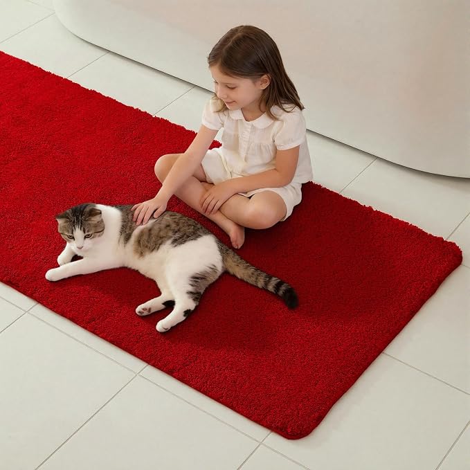 TYUU Red Bathroom Rugs, Ultra Soft Bath Rugs Non Slip Washable, Super Absorbent Quick Dry Bath Mat with Rubber Backing for Bathroom Floor, Shower, or Sink, Red 24" x 48"