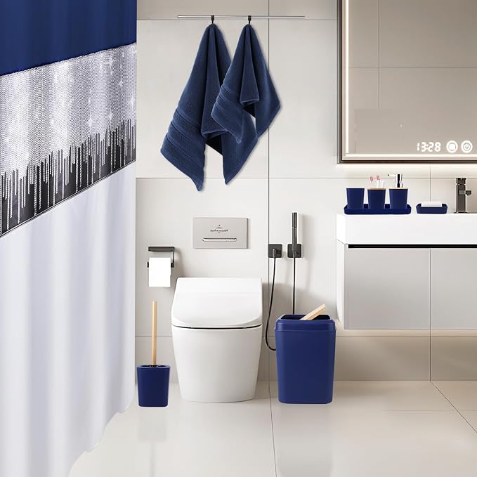 Bathroom Accessories Set with Sequin Shower Curtain, Navy Blue Bathroom Set with Trash Can,Towel Set,Shower Curtain Set