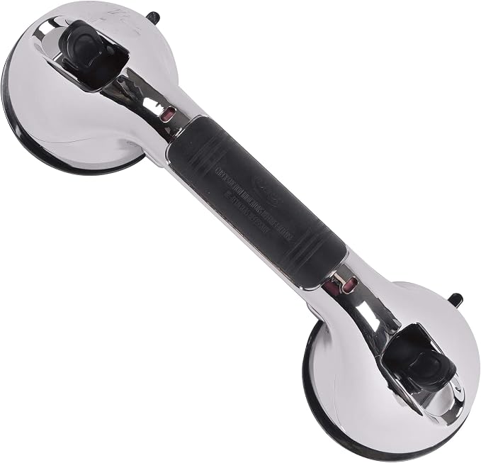 CAREX Ultra Grip Shower Grab Bar - Shower Handle and Bathroom Bar - 12 Inch Safety Bar With Dual Locking Suction Cups For Bathtubs and Showers, Chrome