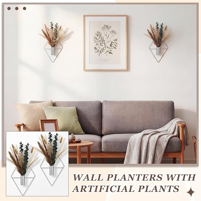 Jexine 4 Pcs Hanging Planters with Artificial Pampas Chrome Silver Metal Hanging Vase Indoor Plants Holder Modern Geometric Boho Bathroom Wall Decor for Living Room Home Office