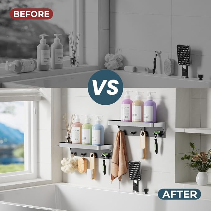 2 Pack Shower Caddy Adhesive, Shower Shelve for Inside Shower, Bathroom Organizers and Storage for Accessories Holder, Rustproof Bathroom Wall Shower Rack Organize with 5 Hooks, No-drill, Silver