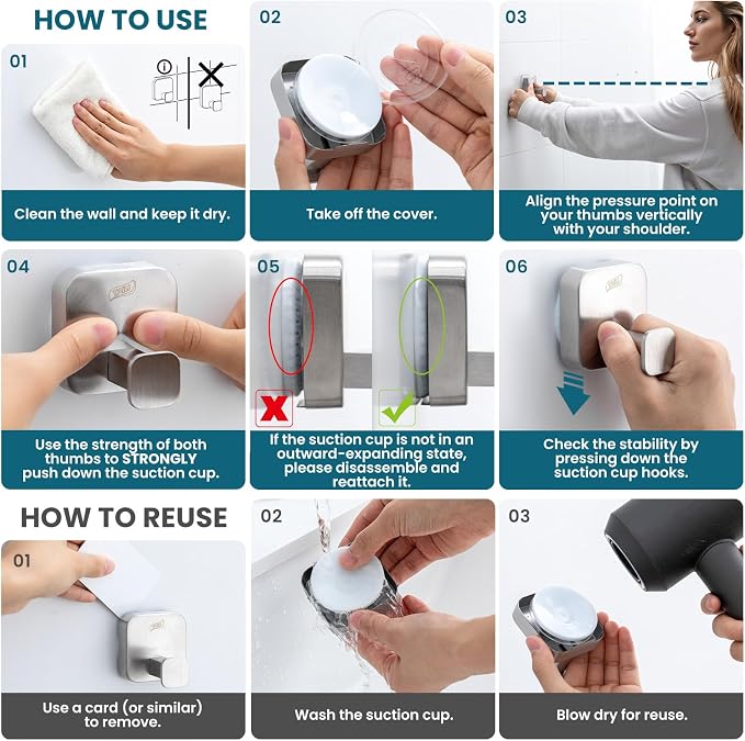 TAILI 304 Stainless Steel Bathroom Suction Hook for Towel, Loofah, Bathrobe, Patented Strong Suction Cup, Damage-Free Hanging Glass Shower Wall Hook, Hold Up to 11 Lbs, 2 Pack, Modern Square, Silver