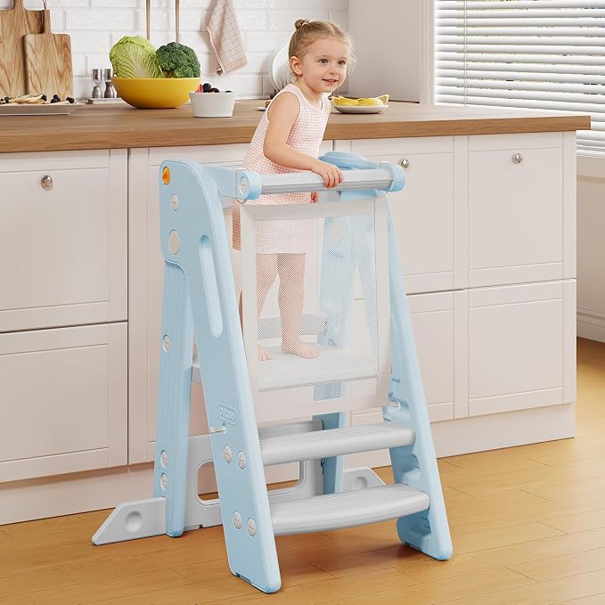 Onasti Adjustable Height Toddler Tower, Space Saving Kids Kitchen Step Stool with Removable Safety Net, Non-Slip Standing Platform for Toddlers 1.5-6 Years-Blue