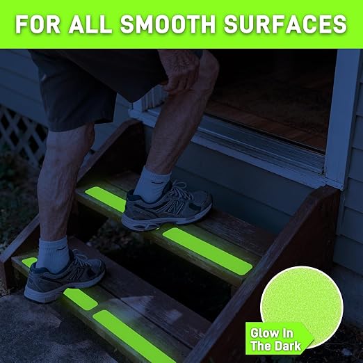 LifeGrip Anti Slip Traction Treads with Glow in Dark Stripe (12-Pack), 2" X 12", Best Grip Tape 80 Grit Non Slip, Pre-Cut Strips, Rounded Corners, Full Green - Right Size and Easy Application