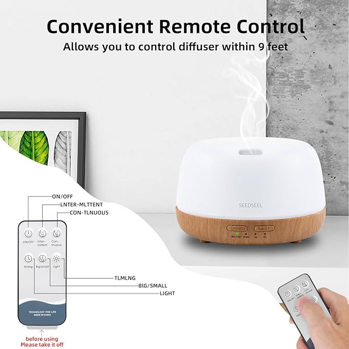 SEEDSEEL 300ML Essential Oil Diffuser with 7-Color LED Lights and Remote Control, Modern Minimalist Design, High-Efficiency Ultrasonic Mist Aromatherapy Diffuser for Home