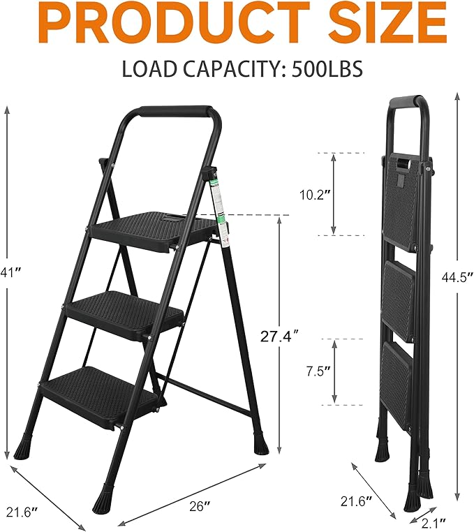 Arbusb Step Ladder, Folding Step Stool with Wide Anti-Slip Pedals, Sturdy Steel Ladder with Handrail, Space-Saving, Portable for Home & Adults, 3 Step Ladder