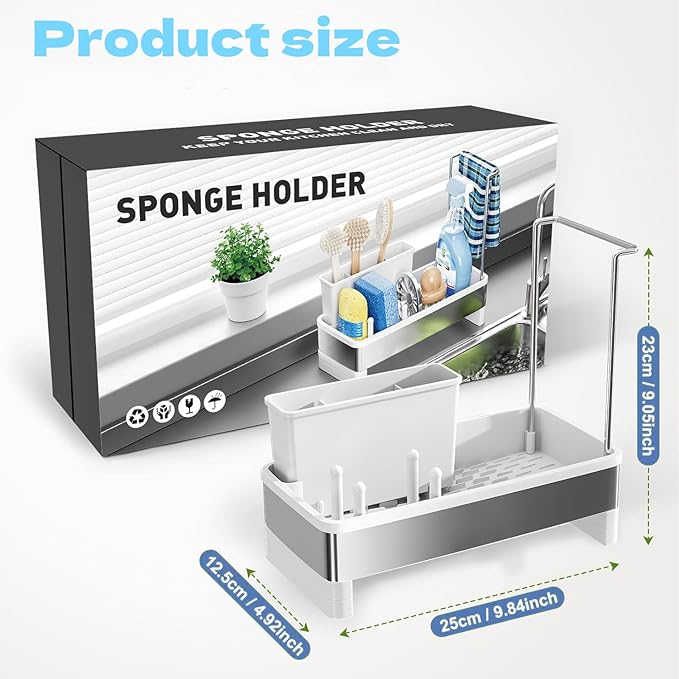 Sink Caddy Organizer, Kitchen Sponge Holder for Sink with Quick Drain Tray & Detachable Towel Rack, Sturdy Rustproof Kitchen Countertop Organizer for Sponge Soap Dispenser (White)