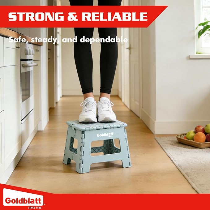 Goldblatt 8.5" Folding Step Stool for Adults and Kids, Lightweight Heavy-Duty Plastic Portable Foldable Stool with Non-Slip Top and Anti-Skid Feet, 300 lbs Capacity, Kitchen & Bathroom, Blue-Green