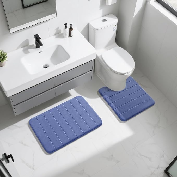 Yimobra Memory Foam Bath Mat Set 2 Piece - Super Soft Absorbent Quick Dry Bathroom Toilet Rugs, Machine Washable Non Slip Floor Carpet for Tub Shower & Single Sink (31.5x20 & 24x20, Navy Blue)