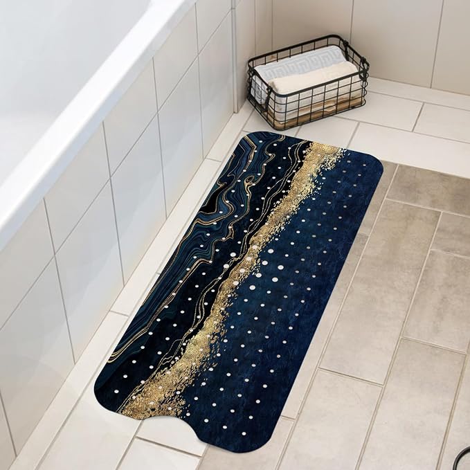 LNOND Marble Bath Tub Mat Non Slip, Extra Long 40 X 16 Inch Anti Slip Mat for Bathtub, Blue Luxury Marble Shower Mat with Drain Holes and Suction Cups, Machine Washable