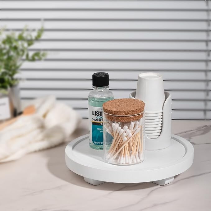 Round Decorative Tray Wood Bathroom Counter Organizer Farmhouse Kitchen Decor Wooden Riser for Soap Dish, Perfume, Candle, Sponge, 8" - White