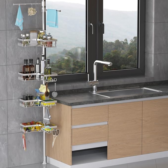 KEGII Shower Caddy Tension Pole with 2 Towel Bars, Adjustable Corner Bathroom Organizer, Rustproof Bathtub Storage Shelves for Shampoo, 25–114.2 Inch Shower Rack for Renters & Family, Silver