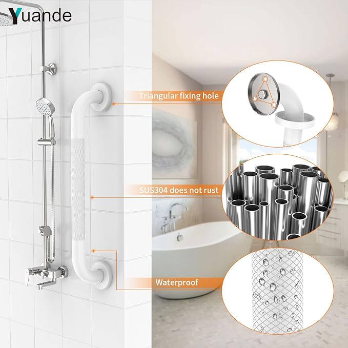 20 Inch White Shower Grab Bar with Anti-Slip Knurled Grip,YuanDe Stainless Steel Bathroom Grab Bars，Shower Handrail Support, Handicap Elderly Balance Assist Handles