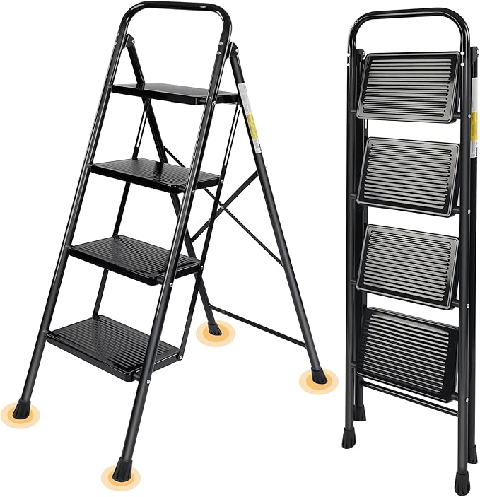 Valeo 4 Step Ladder, Step Stool with Wide Anti-Slip Pedal, 330 lbs Capacity,Step Ladder Folding Step Stool for Adults, Lightweight Steel Portable ladders for Home Kitchen & Office,Black