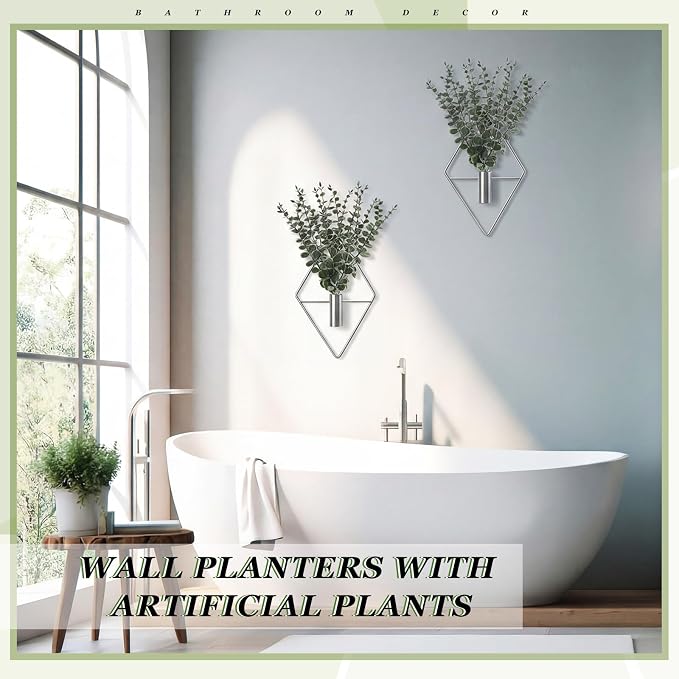 Jexine 8 Pcs Hanging Planters with Artificial Eucalyptus Metal Hanging Vase Indoor Plants Holder Modern Geometric Boho Bathroom Wall Decor for Living Room Home Office (Eucalyptus,Silver)