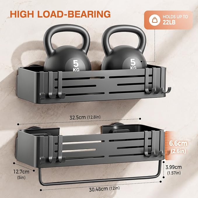 Lekesky Suction Cup Shower Caddy, No Drill Shower Shelves with a Towel Bar, Aluminum Rust Proof Bathroom Shower Organizer with 12 Hooks (2-Pack, Gunmetal Gray)