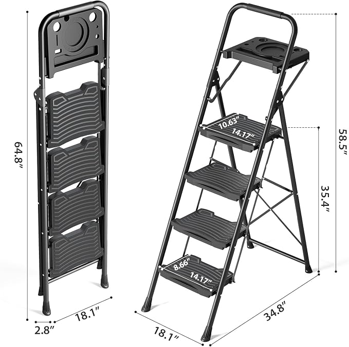 KINGRACK 4 Step Ladder with Tool Platform, Sturdy Step Stool, Anti-Slip Wide Pedals, Handrail, Foldable Step Ladder, Pass 900LBS Testing, Multi-Use for Home, Garage, Garden, Painting, Black